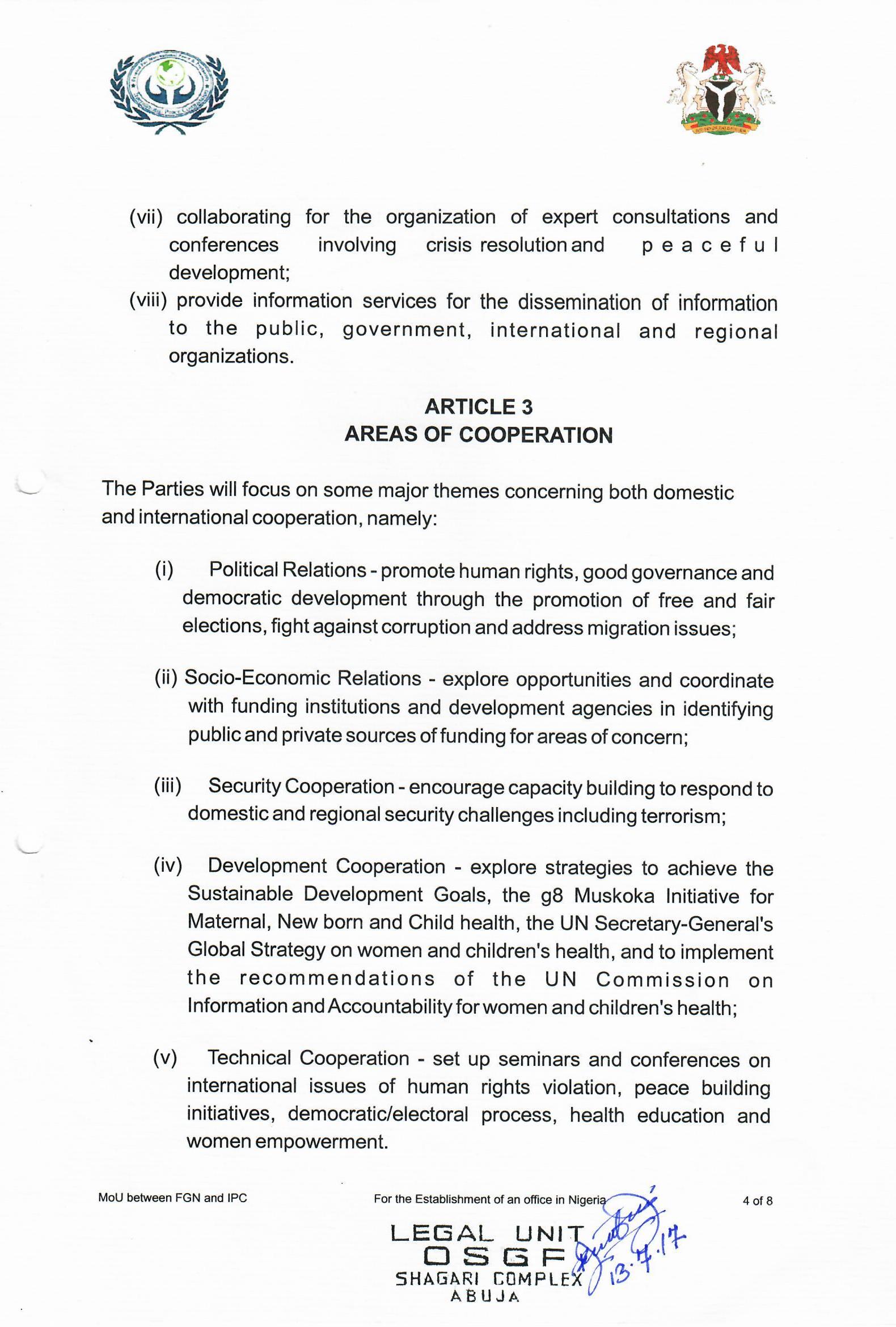Nigeria IPC MoU Areas of Cooperation
